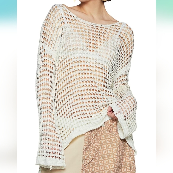 POL Openwork Crochet Knit Flare Sleeve Top Cover Up - Medium, Ivory - Picture 4 of 9